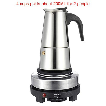 WILL 200450ml Portable Espresso Coffee Maker Moka Pot Stainless Steel with Electric stove Filter Percolator Coffee Brewer Kettle Pot (200ml)