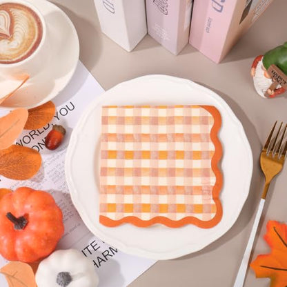 Fall Cocktail Napkins 50 Pack - Orange Brown Plaid Scalloped Edges