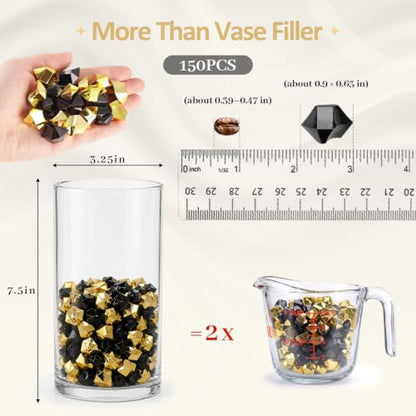 DomeStar Black and Gold Acrylic Ice Rocks Vase Filler 150PCS - Elegant Party Decor