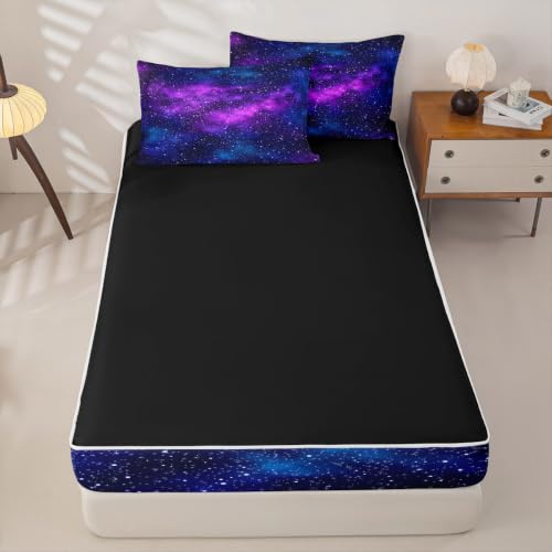 Purple Galaxy Twin Comforter Set with Zippered Fitted Sheet & Pillowcases - Space Universe Bedding