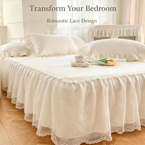 Cream White Ruffle Lace Bed Skirt for California King Bed - 17in Drop