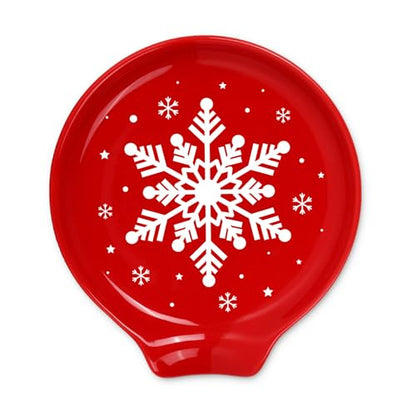 Christmas Snowflake Ceramic Spoon Rest - Red & White Holiday Kitchen Decor - 4.7 Inch