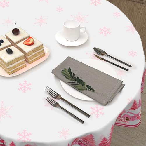 Christmas Forest Pink Round Tablecloth 60 Inch Xmas Trees Holiday Decor
