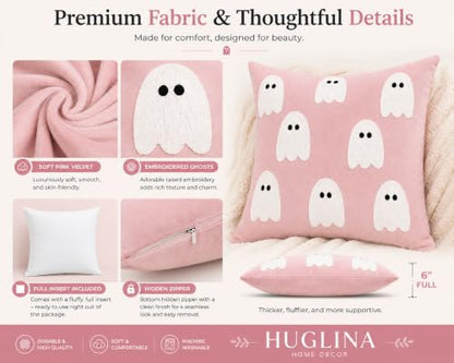 Halloween Throw Pillow 18x18 Pink Velvet Ghost Embroidery Decorative Cushion