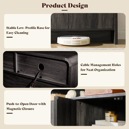 Amerlife 70-Inch Modern Curved TV Stand with Storage - Black, Flat Panel