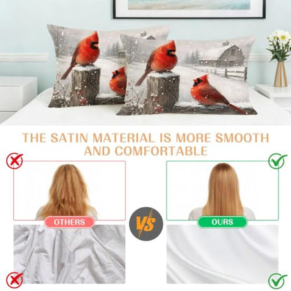 Set of 2 Christmas Cardinal Pillow Cases - Farmhouse Satin Decorative Covers 20x26 Inches