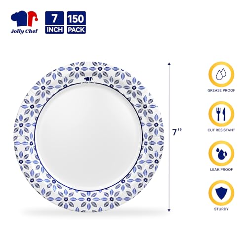 Disposable Paper Plates 7 Inch 150 Pack - Heavy Duty, Microwave Safe, Versatile for Parties & Events - JOLLY CHEF Variation of 7in-150 count