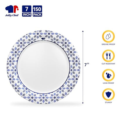 Disposable Paper Plates 7 Inch 150 Pack - Heavy Duty, Microwave Safe, Versatile for Parties & Events - JOLLY CHEF Variation of 7in-150 count