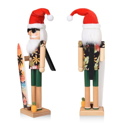 15 Inch Santa Nutcracker Wooden Holiday Decor with Tropical Hawaiian Style