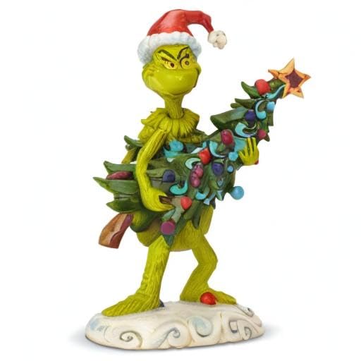 Dr. Seuss Grinch Stealing Christmas Tree Figurine - Hand-Painted Folk Art Holiday Decor