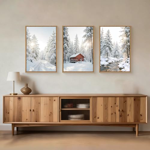 Christmas Winter Canvas Wall Art Set - Red Barn Snowy Forest Landscape 16x24 in - Farmhouse Cabin Decor with Framed Prints - Variation: Red Cabin in Snowy Forest