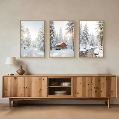 Christmas Winter Canvas Wall Art Set - Red Barn Snowy Forest Landscape 16x24 in - Farmhouse Cabin Decor with Framed Prints - Variation: Red Cabin in Snowy Forest