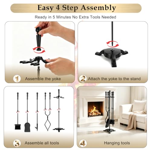 5-Piece Fireplace Tool Set with Stand - Wrought Iron, 29.5 Inches, Black