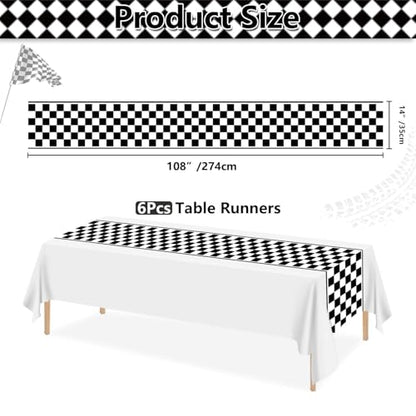 Black Checkered Table Runner 14x108 Inches for Race Car Party, Disposable Plastic