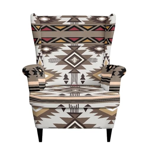 Aztec Tribal Pattern Wingback Chair Cover with Elastic Bottom - Secure Fit