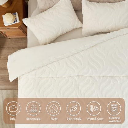 Queen Faux Fur Comforter Set Cream 90x90 Inches Fluffy Bedding