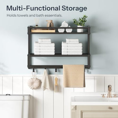 Wall-Mounted Towel Rack with 3 Tiers and 6 Hooks for Bathroom Organization