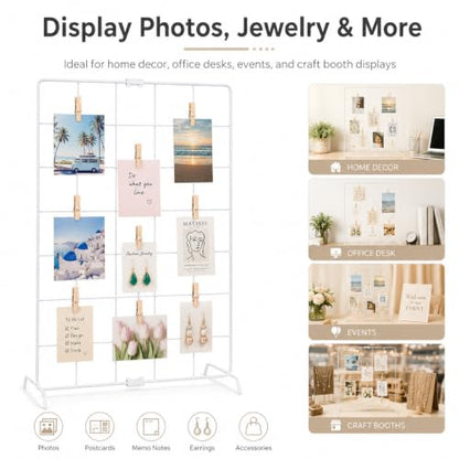 White Metal Wire Display Stand with Wooden Clips for Photos & Jewelry - 27.6 x 13.8 Inches