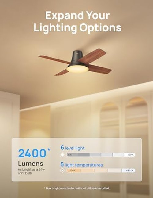 Dreo 44-Inch Ceiling Fan with Lights & Remote - Low Profile Black Flush Mount, Reversible Motor, 6-Speed