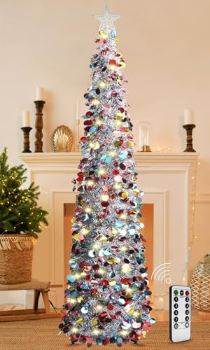 Pop Up Christmas Tinsel Tree with Remote Lights - Collapsible Silver 5FT