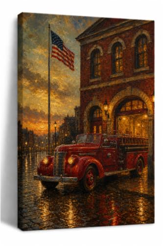 Vintage Fire Station Patriot Wall Art Canvas - American Flag Oil Painting, 20x30 Inches