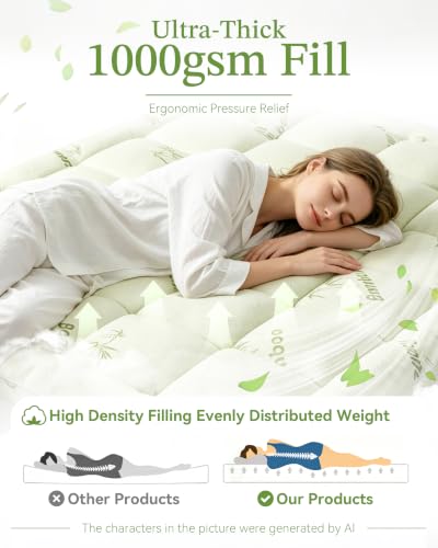 Cooling Bamboo Mattress Topper Queen - 1000 GSM Plush Support