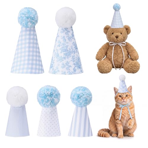 Mini Party Hats for Stuffed Animals, Dolls, Cats - Blue Gingham, 5 Pack