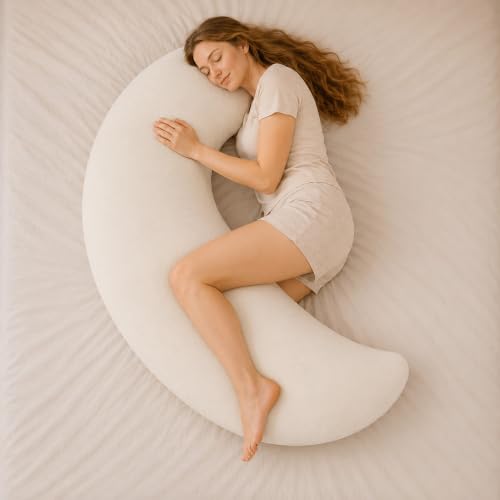 Giant Moon Body Pillow with Ergonomic Curved Design - Winter Beige