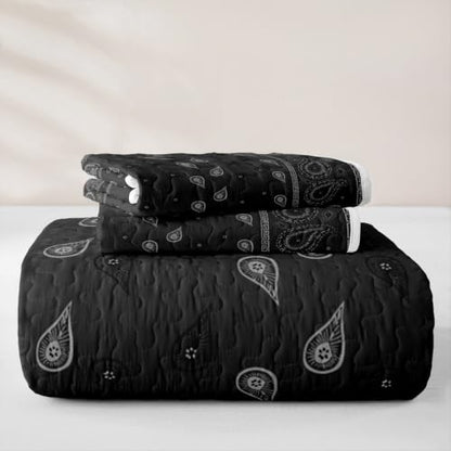 Manfei Black King Size Bohemian Paisley Quilt Set with Pillow Shams - Bedspread Coverlet