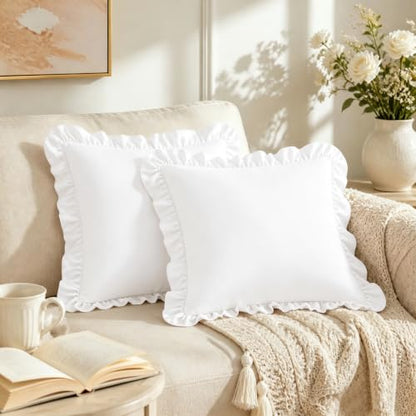 White Ruffle Euro Sham Covers 26x26 Set of 2 - Microfiber Decorative Pillowcases