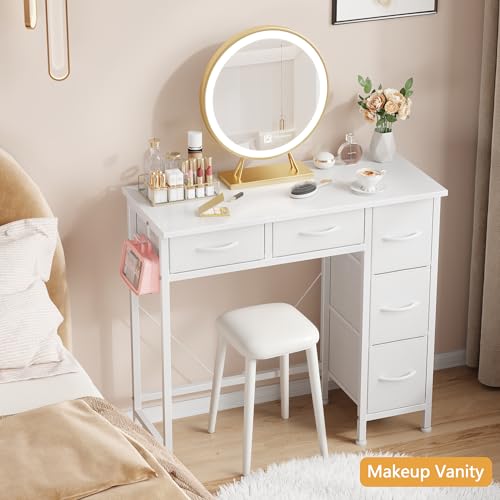 33-Inch Small Computer Desk with 5 Fabric Drawers - White, Compact Workspace