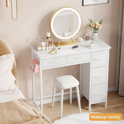 33-Inch Small Computer Desk with 5 Fabric Drawers - White, Compact Workspace