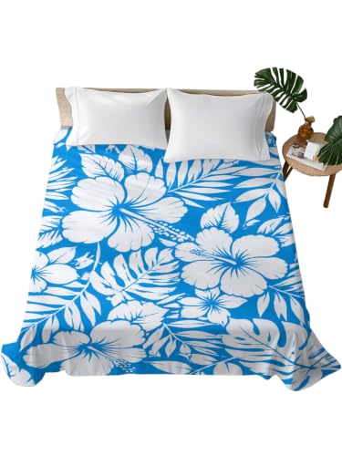 King Flat Sheet Hibiscus Flowers Blue Tropical Monstera Leaves Microfiber Bedding