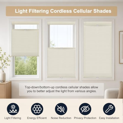 Beige No Drill Top Down Bottom Up Cellular Window Shades 34.5W x 64H