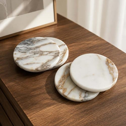 Marble Coasters Set of 4 - Stone Drink Coasters for Desk & Table Protection