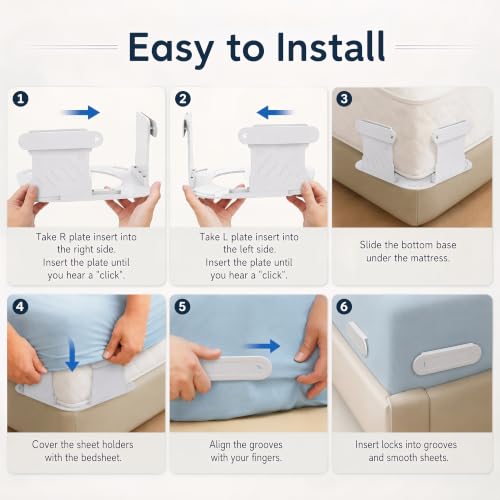 No-Lift Bed Sheet Fasteners with Mattress Corner Clips - Wrinkle-Free Fit, Grey, 4 Pack