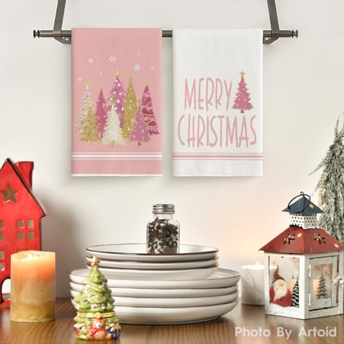 Pink Star Christmas Kitchen Towels Set of 4 18x26 Inches - Artoid Mode