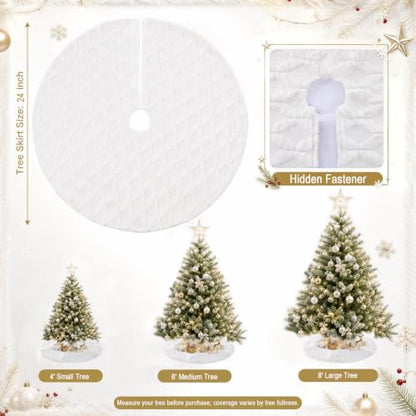 Cream Knitted Christmas Tree Skirt 24 Inch Plush Faux Fur Decor Collar