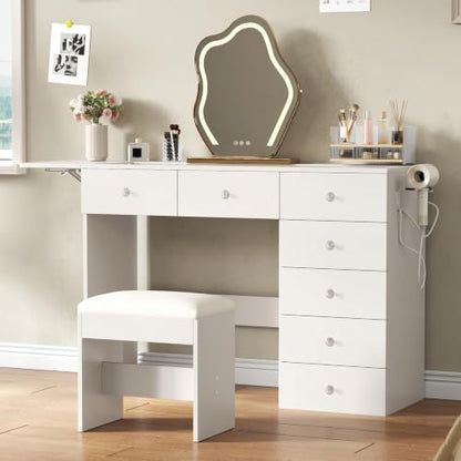Vanity Desk with Drop Leaf Glass Top — 7-Drawer Wood Dressing Table with Charging Station, Stool, 43.3"