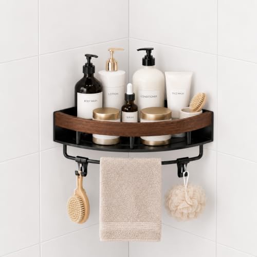 Corner Shower Shelf Walnut Wood & Stainless Steel Caddy - No-Drill Wall Mount