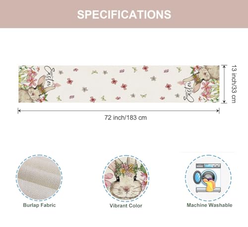 Easter Bunny Floral Table Runner 13x72 Inch for Spring Holiday Decor
