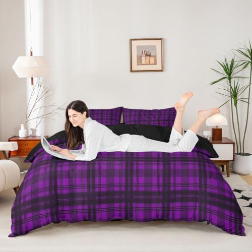 Purple Buffalo Plaid Duvet Cover Set Queen Size Vintage Geometric Bedding with Pillowcases - Black & Purple