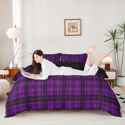 Purple Buffalo Plaid Duvet Cover Set Queen Size Vintage Geometric Bedding with Pillowcases - Black & Purple