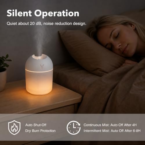 Mini USB Humidifier with Night Light, 8.45OZ Portable Cool Mist for Bedroom Office Car