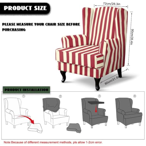 Red Stripes Wingback Chair Cover 2-Piece Stretch Slipcover for Armchair Protection