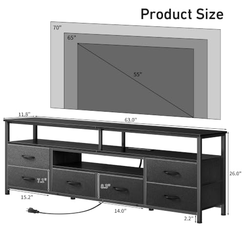 Furologee 63-Inch LED TV Stand with RGB Lighting, Power Outlets, Black
