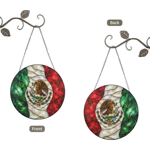 Mexican Flag Stained Glass Suncatcher - 6 Inch Round Window Decor - Reversible Design