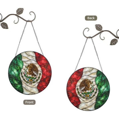 Mexican Flag Stained Glass Suncatcher - 6 Inch Round Window Decor - Reversible Design