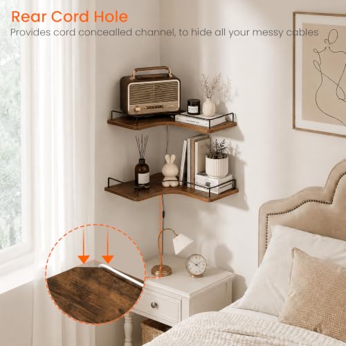 L-Shaped Corner Floating Wall Shelves Set of 3 Rustic Brown Wall Mounts with Guardrails