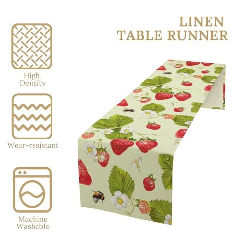 Spring Summer Strawberry Table Runner 13x36in - Rustic Fruit & Flower Print